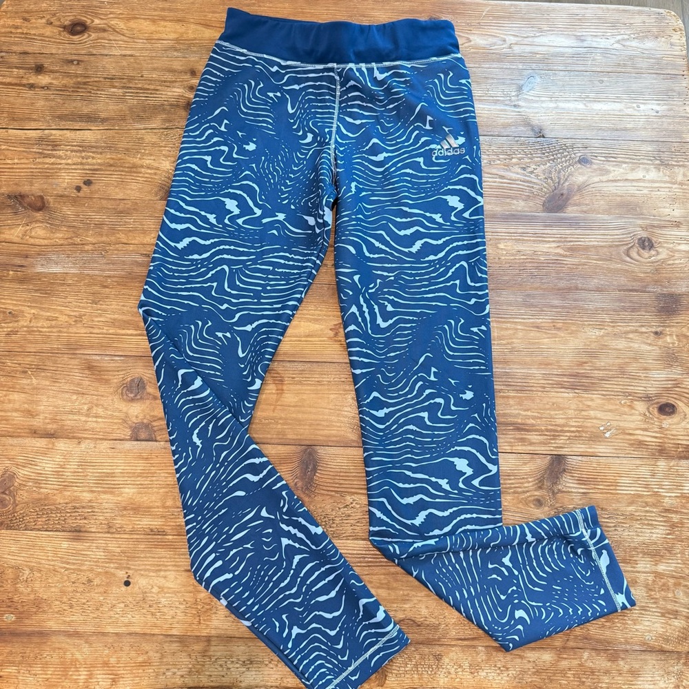 Adidas Blue Wave Patterned Full Ankle Yoga Athletic Leggings Women's Large‎ EUC